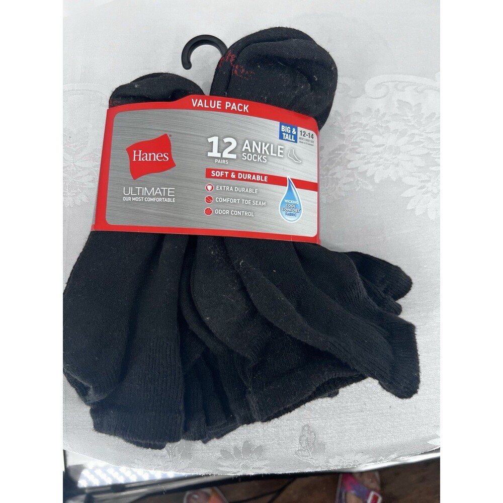 New Hanes Big & Tall Men's black Ankle Socks shoe size 12-14 12 Pair